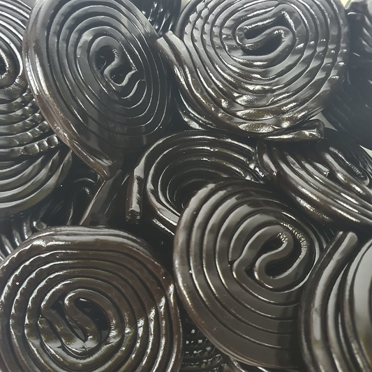 Italian Style Licorice Wheels - sweet black licorice curled into wheel shapes