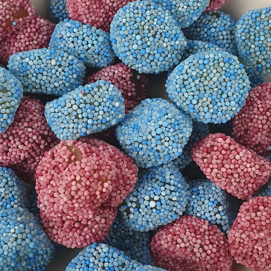 Jelly Spogs - soft licorice jelly candy covered in pink and blue sprinkles
