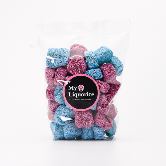 Jelly Spogs - soft licorice jelly candy covered in pink and blue sprinkles