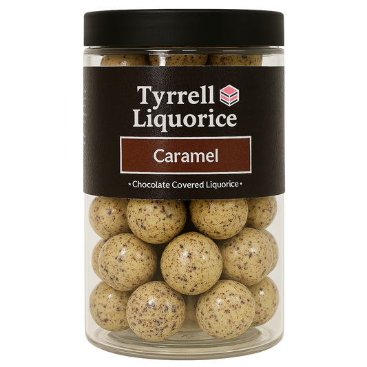 Tyrrell Licorice Caramel | Sweet Black Licorice Coated with Caramel Flavoured White & Milk Chocolate