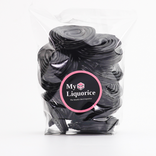 Italian Style Licorice Wheels - sweet black licorice curled into wheel shapes